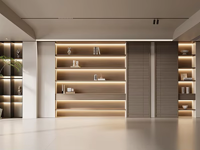 Modern Bookcase Interior Design With Layered Shelves And Warm Lighting 3d model