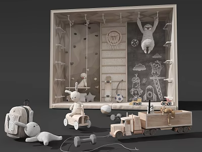 Wooden Kids Desk With Drawing Board Stuffed Toys And Toy Truck Decorations 3d model