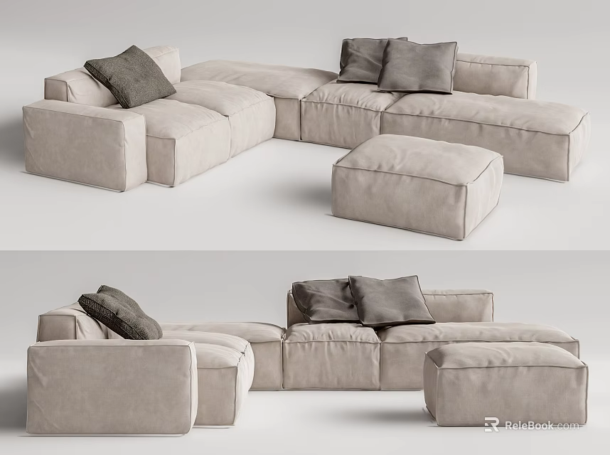 Modern Beige Modular Sectional Sofa With Gray Cushions And Matching Ottoman 3d model 