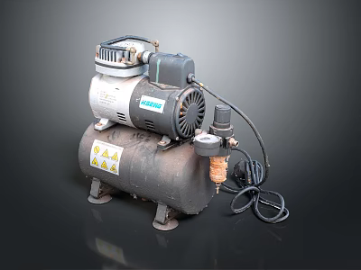 Stationary Air Compressor With Metal Tank Motor Hose And Warning Labels 3d model