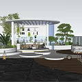 Modern Garden Patio With White Pergola Green Plants Relaxing Sofa Outdoor Table And Trees
