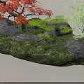 Vibrant Red Maple Tree with Green Trees Rocks and Grass in Natural Landscape