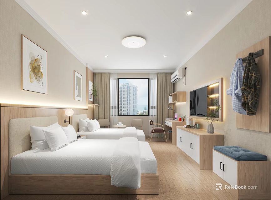 Modern Hotel Guest Room Featuring Twin Beds City View Window Wooden Furniture And Decorative Paintings 3d model 