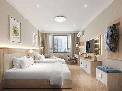Modern Hotel Guest Room Featuring Twin Beds City View Window Wooden Furniture And Decorative Paintings 3d model