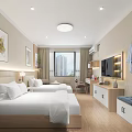 Modern Hotel Guest Room Featuring Twin Beds City View Window Wooden Furniture And Decorative Paintings