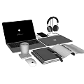 Apple Devices Workspace Setup With Laptop Tablet iPhone AirPods Watch Notebook And Coffee Cup