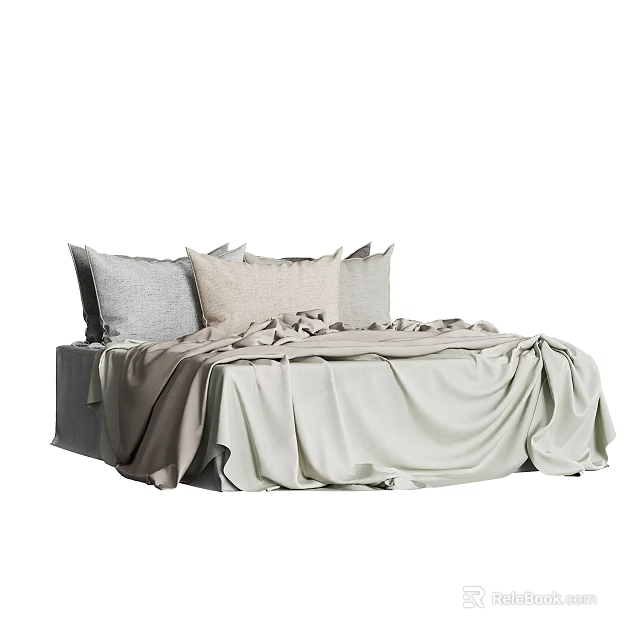 Minimalist Double Bed With Neutral Tones Pillows And Soft Duvet Cover 3d model 