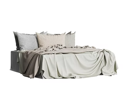 Minimalist Double Bed With Neutral Tones Pillows And Soft Duvet Cover 3d model