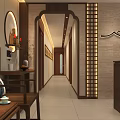 Traditional Chinese Tea House Lobby With Wooden Decor Reception Desk And Lanterns