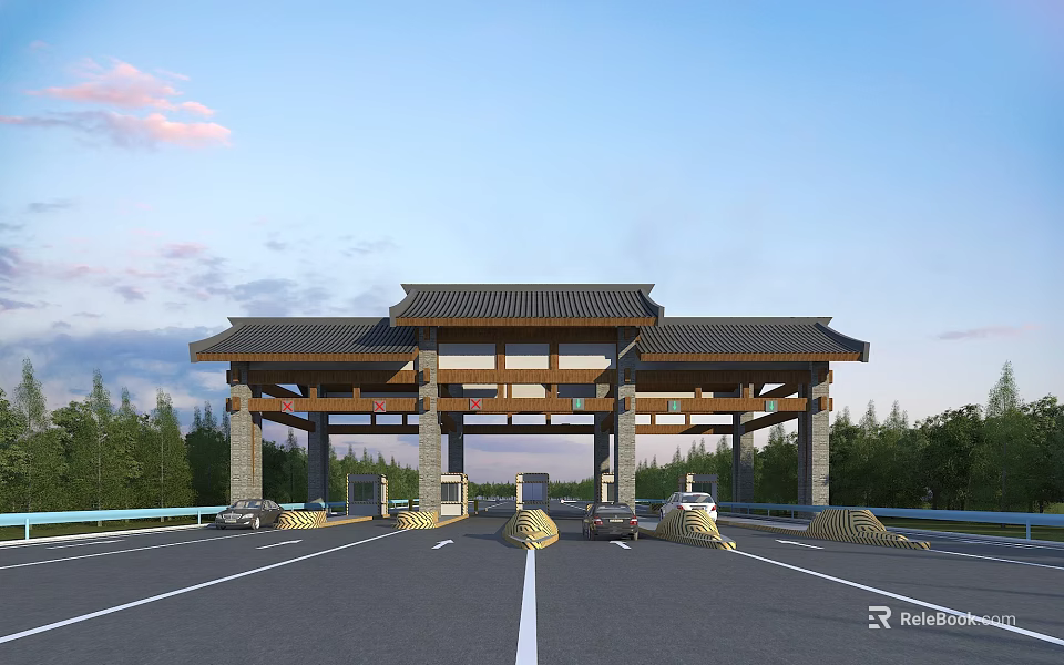 Traditional Gateway Entrance With Classic Roof Structure And Trees Along Road 3d model 