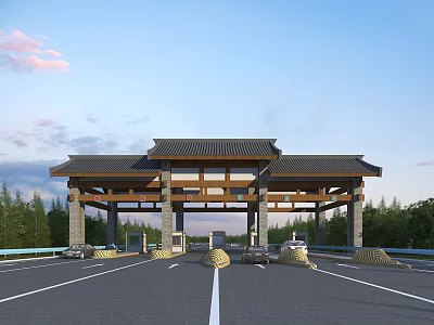 Traditional Gateway Entrance With Classic Roof Structure And Trees Along Road 3d model