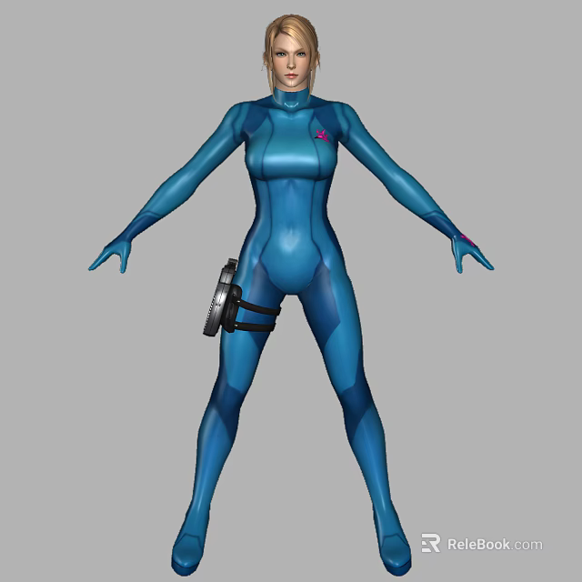 A Woman In Blue Bodysuit With Arms Outstretched And Black Device On Waist 3d model 