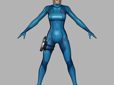 A Woman In Blue Bodysuit With Arms Outstretched And Black Device On Waist 3d model