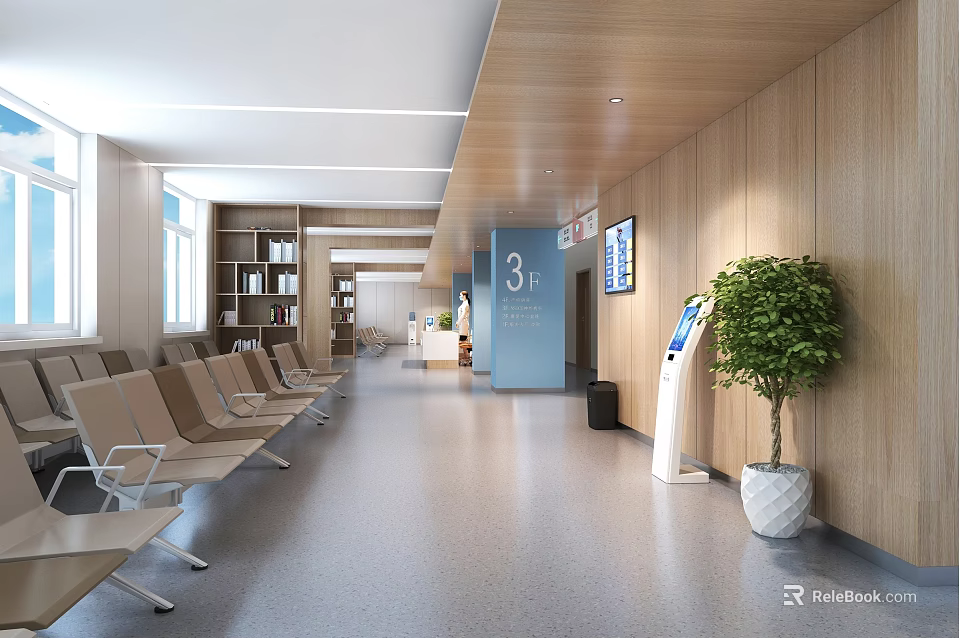 Hospital Outpatient Clinic Waiting Area Featuring Seats Self Service Device And Plant 3d model 