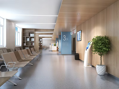 Hospital Outpatient Clinic Waiting Area Featuring Seats Self Service Device And Plant 3d model