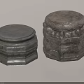 Stone Wood Carved Drum Shaped Stools With Traditional Decorative Patterns 3d model