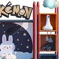 Colorful Pokémon Plush Toys Display with Rabbit Doll in Center and Cloud Pendant Lights