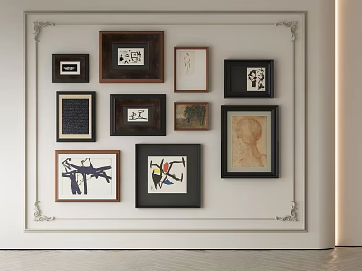 Abstract Paintings Framed Artworks on White Wall Diverse Styles Collection 3d model
