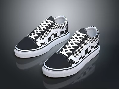Stylish Black And White Checkered Canvas Shoes With Lace Up Design And White Sole 3d model