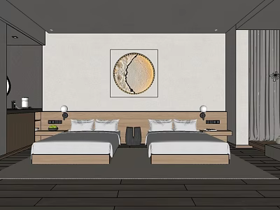 Hotel Room Interior With Twin Beds Round Decorative Painting Nightstands Table Lamps And Curtains 3d model