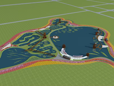 Scenic Landscape Design With Lake Green Vegetation Flower Beds And Walking Paths 3d model
