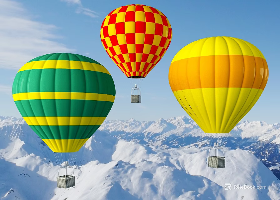 Colorful Hot Air Balloons As Amusement Equipment Flying Over Snowy Mountain Scenery 3d model 