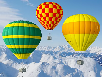 Colorful Hot Air Balloons As Amusement Equipment Flying Over Snowy Mountain Scenery 3d model
