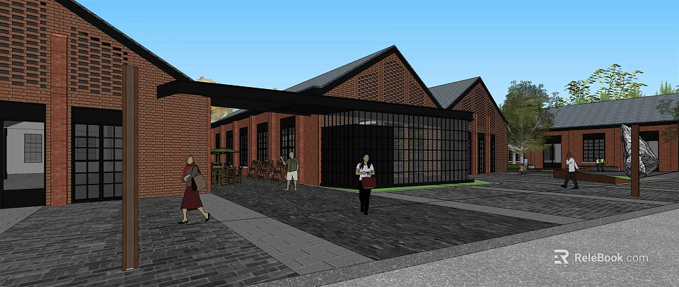 Industrial Factory Building Red Brick Black Roof Glass Garage Door and Outdoor Area People Walking 3d model 