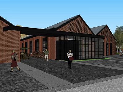 Industrial Factory Building Red Brick Black Roof Glass Garage Door and Outdoor Area People Walking 3d model