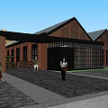 Industrial Factory Building Red Brick Black Roof Glass Garage Door and Outdoor Area People Walking