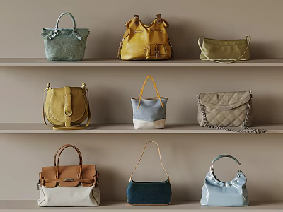 Various Stylish Handbags In Different Colors Displayed On Shelves With Neutral Background 3d model