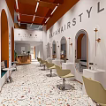 Modern Hair Salon Interior With Orange Beam Ceiling Arched Mirrors And Stylish Chairs
