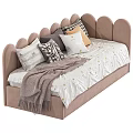 Cozy Kids Bed with Scalloped Headboard Blue Tan Blankets and Pillows