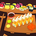 Fresh Salmon Sushi Platter With Various Types On Wooden Trays And Ingredients