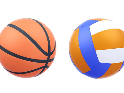 High Quality Sports Equipment Including Orange Black Striped Basketball And Orange Blue White Paneled Volleyball 3d model