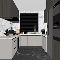Modern Kitchen With Marble Walls Grey Cabinets White Countertops And Stainless Steel Appliances