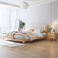 Modern Double Bed With White Upholstered Headboard Wooden Frame Nightstands Green Plant And Star Lamp