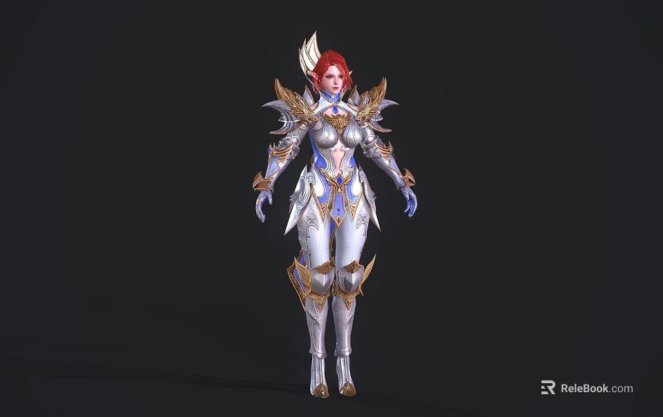 Elegant Armored Woman With Red Hair And Ornate Gold Blue Winged Armor 3d model 