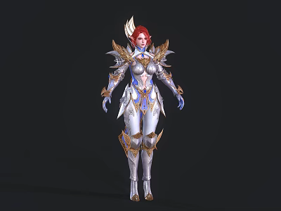 Elegant Armored Woman With Red Hair And Ornate Gold Blue Winged Armor 3d model