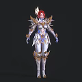 Elegant Armored Woman With Red Hair And Ornate Gold Blue Winged Armor