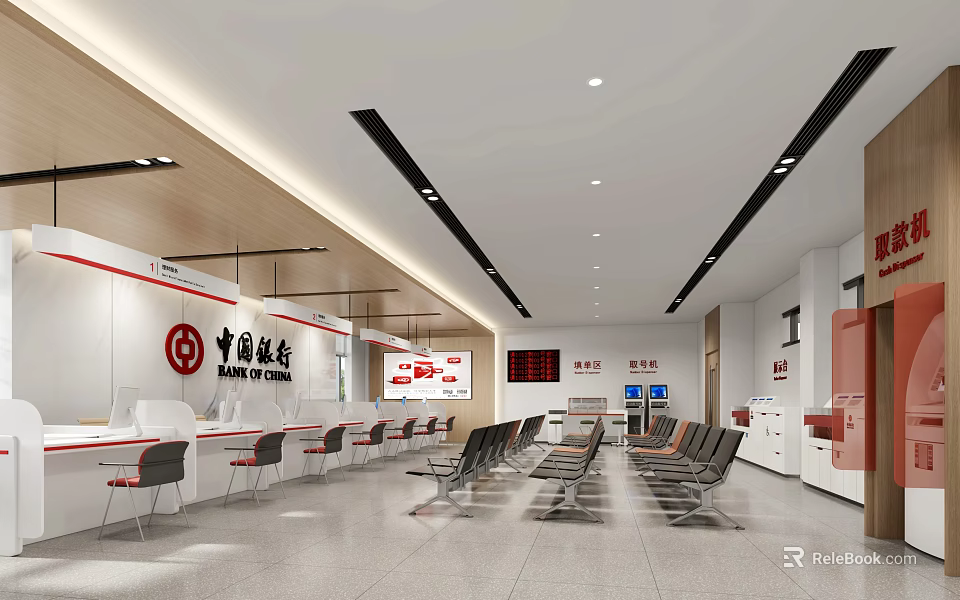 Modern Bank Lobby Interior With Waiting Area Service Counters And Comfortable Seating 3d model 