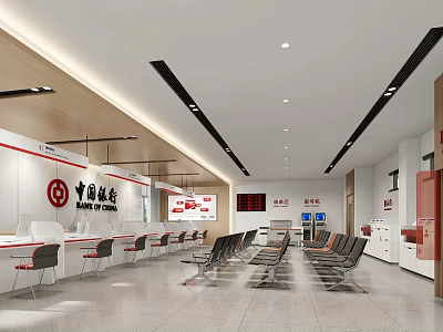 Modern Bank Lobby Interior With Waiting Area Service Counters And Comfortable Seating 3d model
