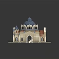 Cartoon Scene Castle Building With Blue Dome Red Roof Towers And Arched Windows