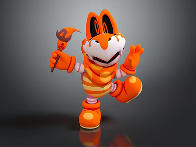 Smiling Orange Cartoon Game And Movie Character In Striped Outfit Holding Fork Like Tool 3d model
