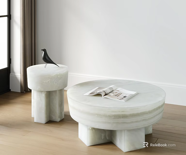 Elegant Round Marble Coffee Table with Small Side Table Bird Decor and Open Magazine 3d model