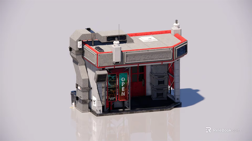 Modern Small Ticket Booth Design With Red Gray Exterior And Green Sign 3d model 