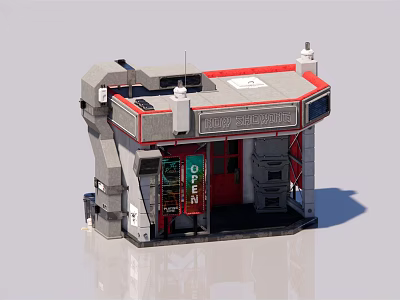 Modern Small Ticket Booth Design With Red Gray Exterior And Green Sign 3d model
