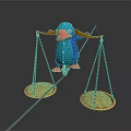 Blue Bird Balancing on Rope with Gold Coins in Balance Scale Trays