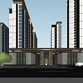 Modern Residential Entrance Design With High Rise Buildings Golden Frame Stone Walls And Driveway