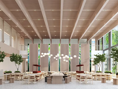 Modern Restaurant Interior With Wooden Ceiling Pendant Lights Green Plants And Comfortable Seating 3d model